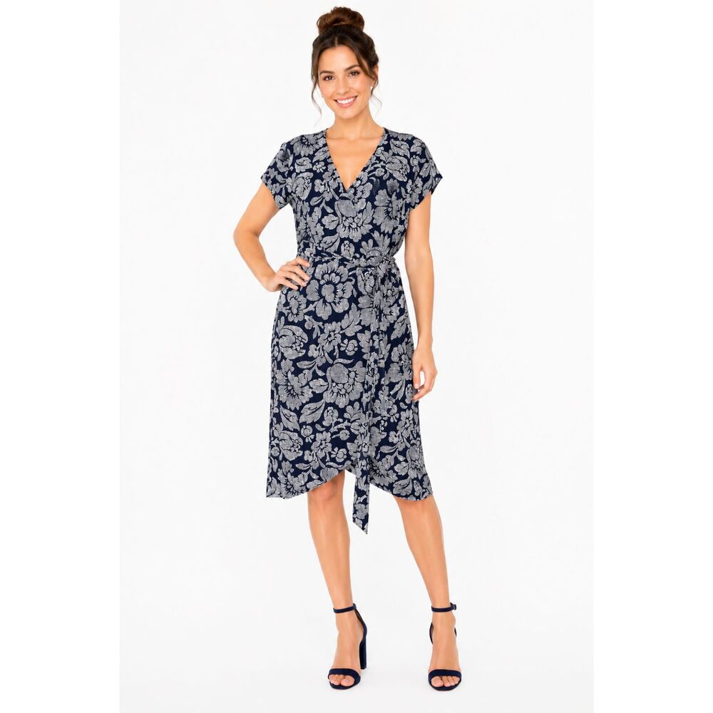 Loft Petites Blue & White Faux Floral Wrap Midi Stretchy Dress Sz MP 468175 NWT